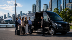 Luxury Mercedes Sprinter van with group of travellers in downtown Toronto for premium airport limo service.